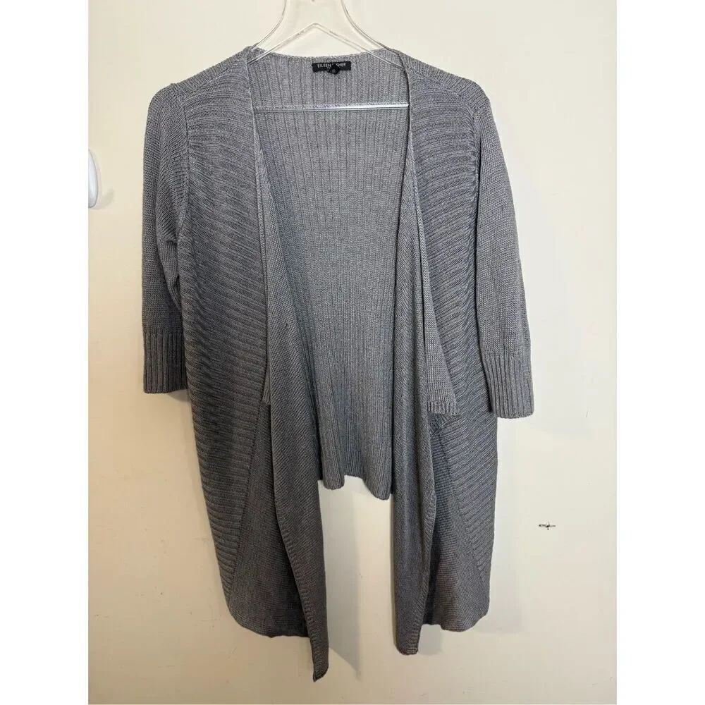 Eileen Fisher Woman Ash Cascading Cardigan Linen Silk Open Front Wrap Gray Mediu